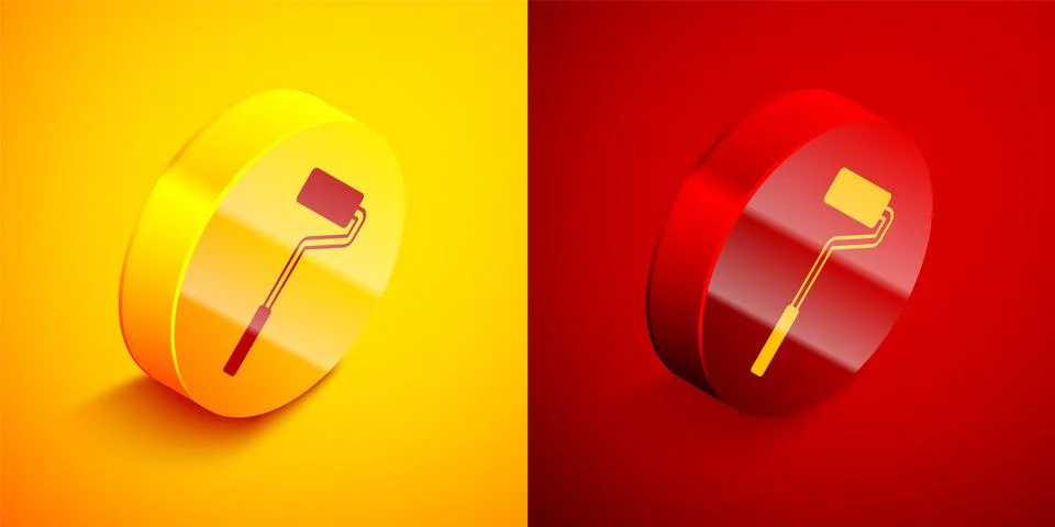 Isometric Paint roller brush icon isolated on orange and red background. Circle Stock Illustration