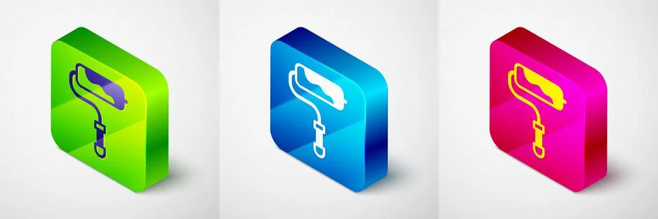 Isometric Paint roller brush icon isolated on grey background. Square button Stock Illustration