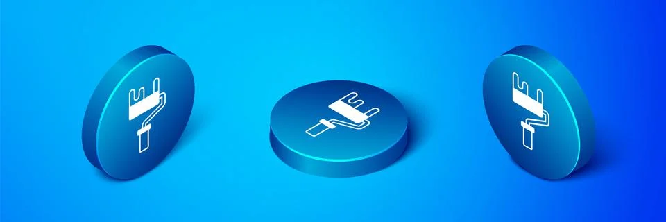 Isometric Paint roller brush icon isolated on blue background. Blue circle Stock Illustration