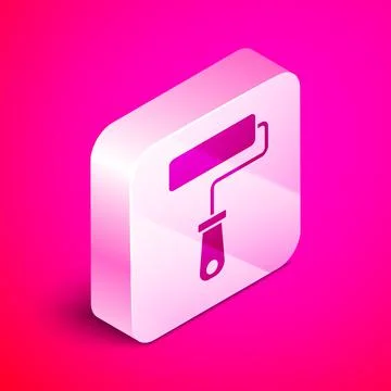 Isometric Paint roller brush icon isolated on pink background. Silver square Stock Illustration