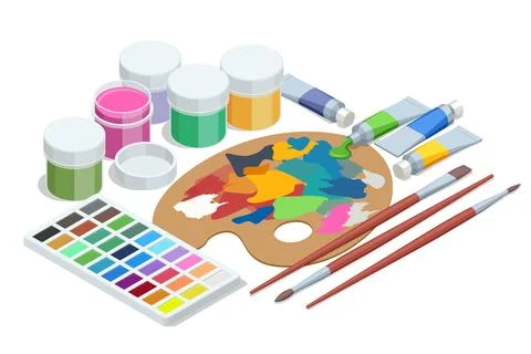 Isometric painting tools elements vector set, artistic accessories, gouache Stock Illustration