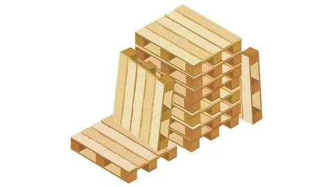 Isometric pallets in stack and several around for packaging and transportation Illustrazione stock