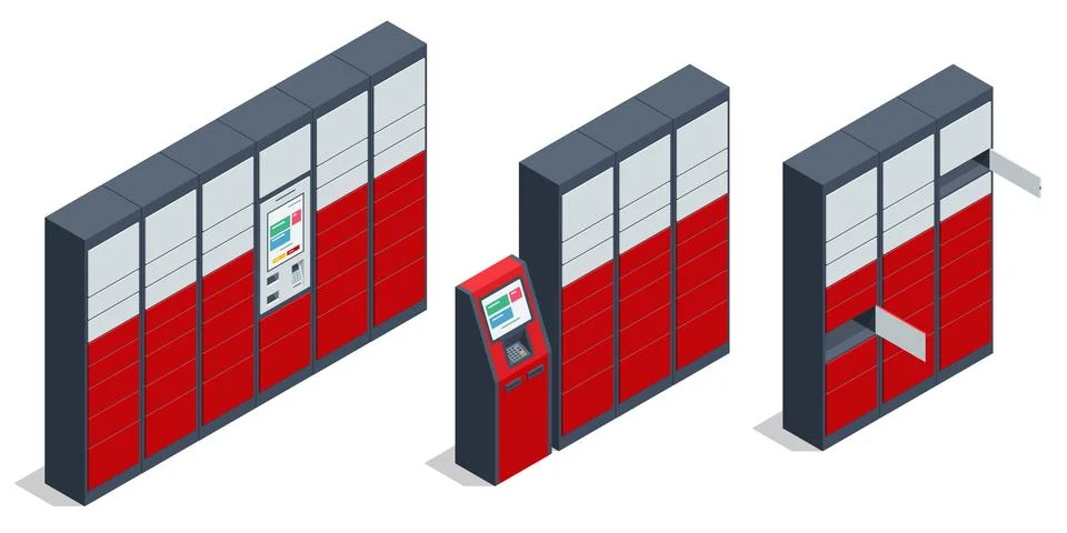 Isometric parcel locker. Postman and locker with digital panel for password. The Stock Illustration