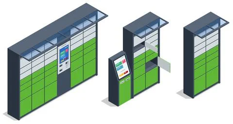 Isometric parcel locker. Postman and locker with digital panel for password. The Stock Illustration