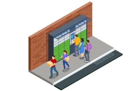 Isometric parcel locker. Postman and locker with digital panel for password. The Stock Illustration