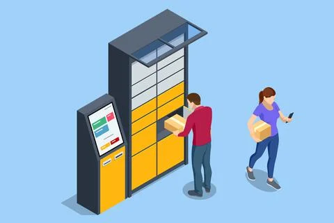 Isometric parcel locker. Postman and locker with digital panel for password. The Stock Illustration