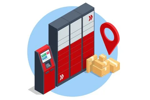 Isometric parcel locker. Postman and locker with digital panel for password. The Stock Illustration