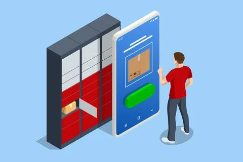 Isometric parcel locker. Postman and locker with digital panel for password. The Stock Illustration