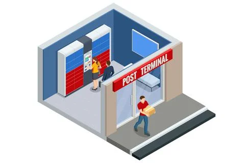 Isometric parcel locker. Postman and locker with digital panel for password. The Stock Illustration