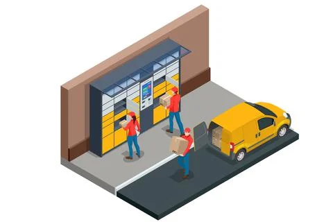 Isometric parcel locker. Postman and locker with digital panel for password. The Stock Illustration