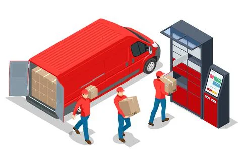 Isometric parcel locker. Postman and locker with digital panel for password. The Stock Illustration