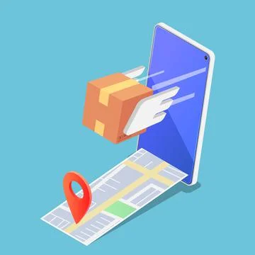 Isometric Parcels Box Flying Forward Rapidly From Smartphone with Pin on The  Stock Illustration