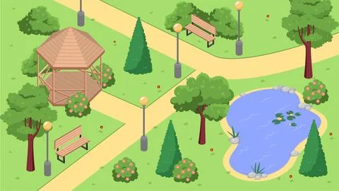 Isometric park map. Top view of roads with wooden gazebo, lantern and lake Ilustração Stock