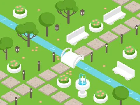 Isometric park scene, vector illustration. Garden elements for game or map Stock Illustration