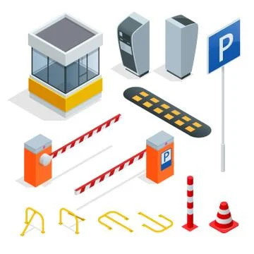 Isometric Parking isometric elements set . Icons for parking cars. Fines and Stock Illustration