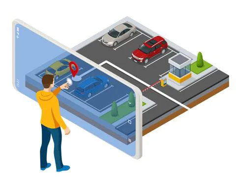 Isometric parking lot displayed on screen. Car park location on Smartphone Stock Illustration