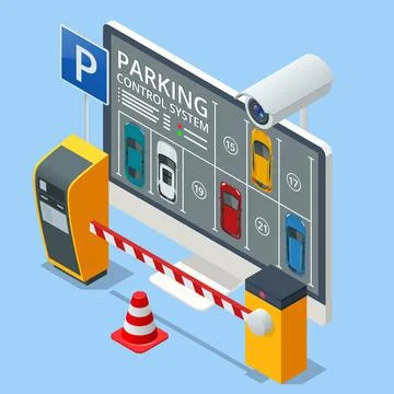 Isometric parking lot displayed on screen. Car park location. Online searching Ilustración de archivo