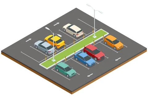 Isometric parking lot illustration with multiple cars and green spaces. Vector Stock Illustration