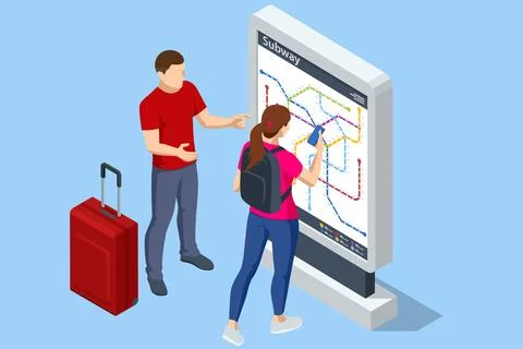 Isometric passengers looking at the metro map, metro or subway map. Underground Stock Illustration