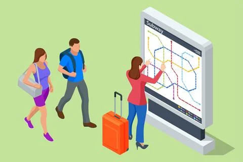 Isometric passengers looking at the metro map, metro or subway map. Underground Stock Illustration