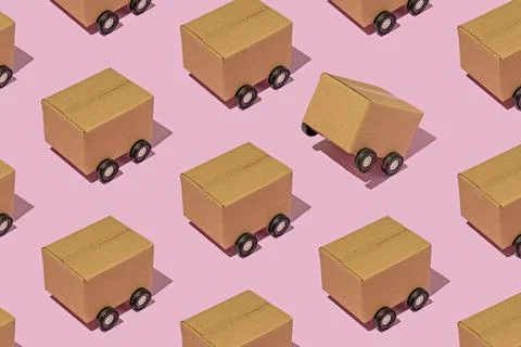 Isometric pattern with cardboard boxes on wheels as trucks carry parcels and  Stock Photos