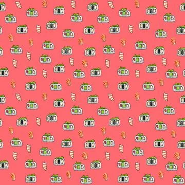 Isometric pattern sushi and rolls on pink. Vector Japanese food. Stock Illustration