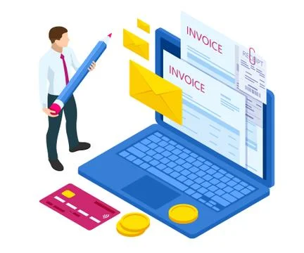 Isometric pay bills online concept. Modern technology and online transaction Stock Illustration