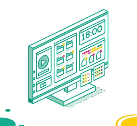 Isometric PC Computer Monoblock with Media Player, Folders and Two Stickers. Illustrazione stock