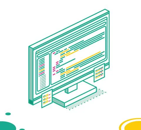 Isometric PC Computer Monoblock with Program's Code and Two Stickers. Stock Illustration