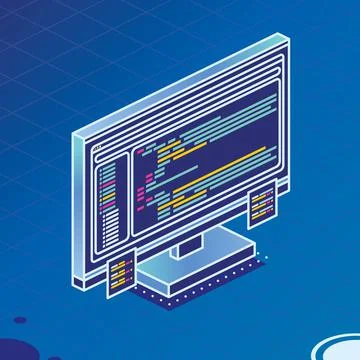 Isometric PC Computer Monoblock with Program's Code and Two Stickers. Stock Illustration