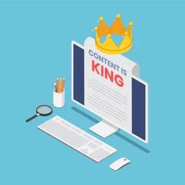 Isometric pc monitor with content is king word on paper and crown Stock Illustration