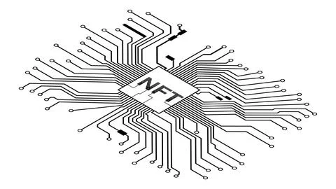 Isometric PCB tracks with NTF non fungible token in center isolated on white. Stock Illustration