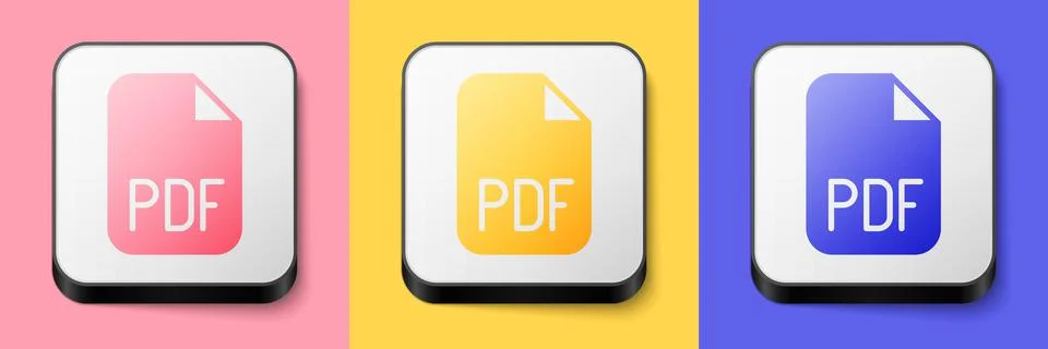 Isometric PDF file document. Download pdf button icon isolated on pink, yellow 스톡 일러스트