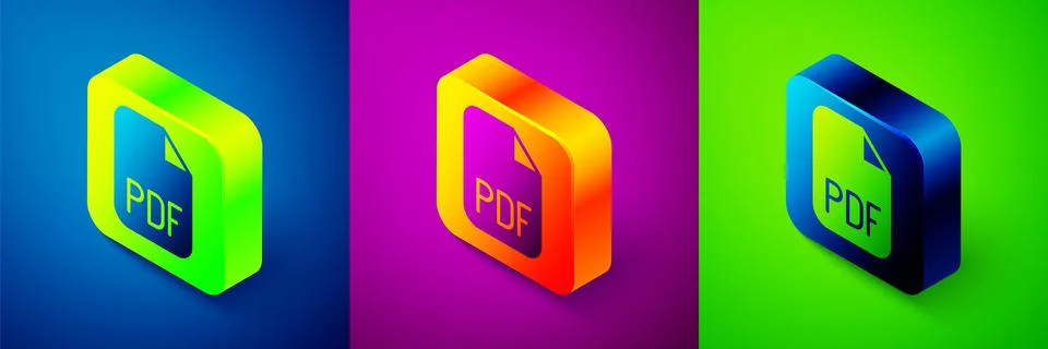 Isometric PDF file document. Download pdf button icon isolated on blue, purple Stock Illustration