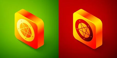 Isometric Pentagram in a circle icon isolated on green and red background. Magic Stock Illustration