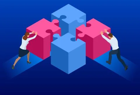 Isometric people connecting puzzle elements. Business teamwork, cooperation 스톡 일러스트