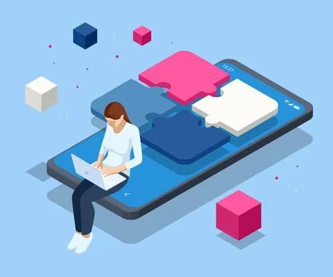 Isometric people connecting puzzle elements. Business teamwork, cooperation Stock Illustration