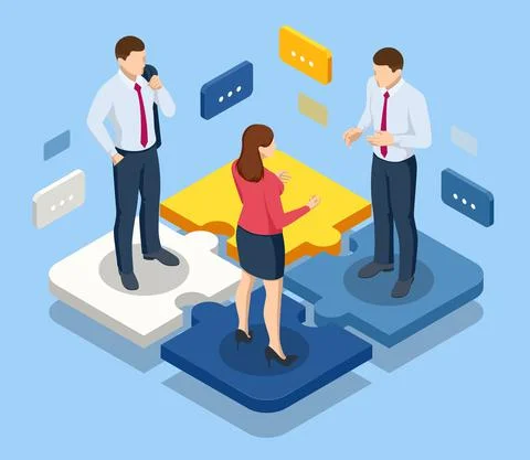 Isometric people connecting puzzle elements. Business teamwork, cooperation Stock Illustration