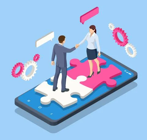 Isometric people connecting puzzle elements. Business teamwork, cooperation Illustrazione stock
