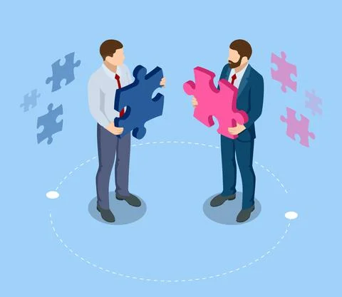Isometric people connecting puzzle elements. Business teamwork, cooperation Stock Illustration