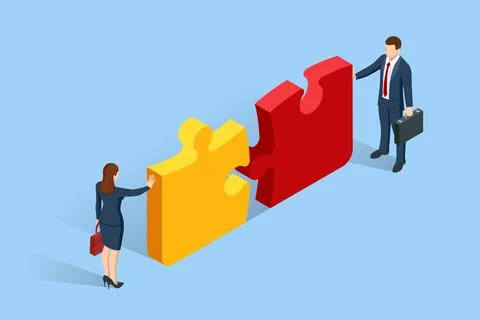 Isometric people connecting puzzle elements. Business teamwork, cooperation Stock Illustration