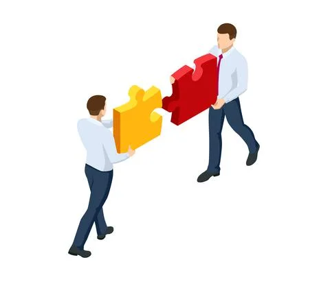 Isometric people connecting puzzle elements. Business teamwork, cooperation Stock Illustration