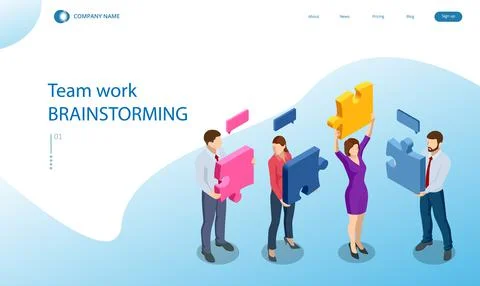 Isometric people connecting puzzle elements. Business teamwork, cooperation Stock Illustration