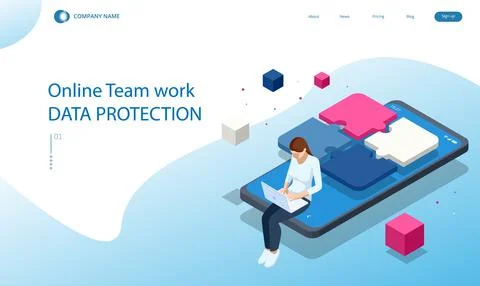 Isometric people connecting puzzle elements. Business teamwork, cooperation Stock Illustration