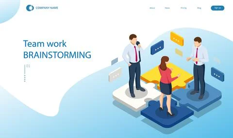 Isometric people connecting puzzle elements. Business teamwork, cooperation Stock Illustration