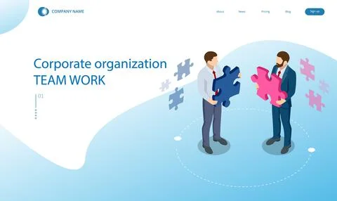 Isometric people connecting puzzle elements. Business teamwork, cooperation Illustrazione stock