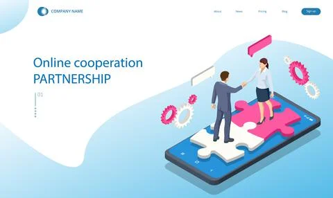 Isometric people connecting puzzle elements. Business teamwork, cooperation Illustrazione stock