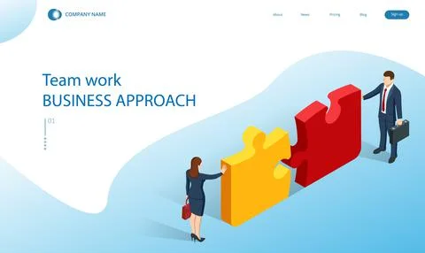 Isometric people connecting puzzle elements. Business teamwork, cooperation Stock Illustration