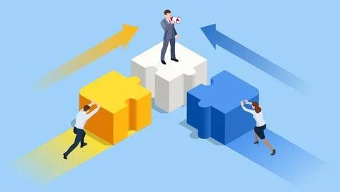 Isometric people connecting puzzle elements. Business teamwork, cooperation Stock Illustration