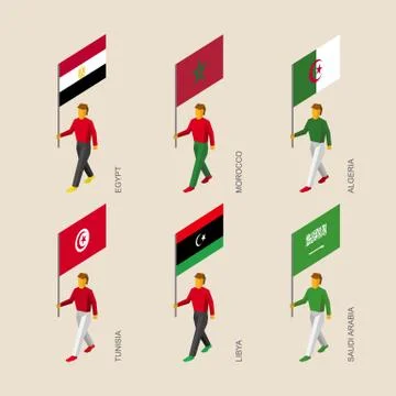 Isometric people with flags Egypt, Libya, Saudi Arabia, Tunisia, Morocco, A.. Stock Illustration